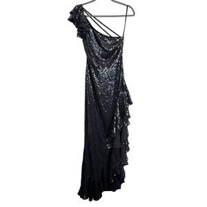 Mac Duggal Black Sequins One Shoulder Strap Open Back Ruffle Maxi Dress NWT